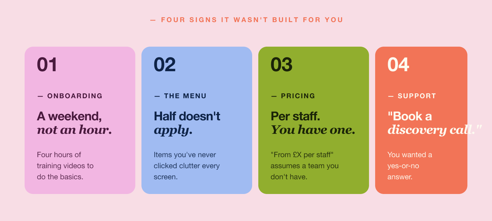 Four signs your software was not built for you, shown as four colour-coded cards.